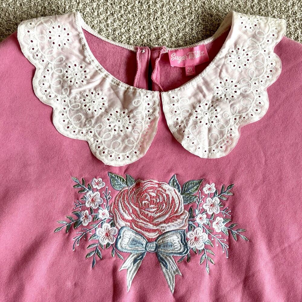 Sugar Thrillz Dolls Kill 2X Pink Lace Collar Sweatshirt Cottagecore Coquette - Picture 3 of 11